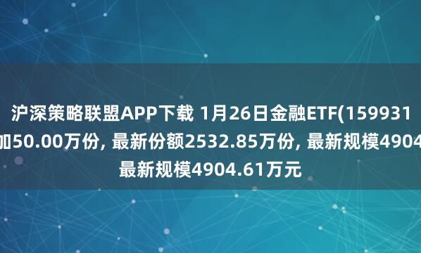 沪深策略联盟APP下载 1月26日金融ETF(159931)份额增加50.00万份, 最新份额2532.85万份, 最新规模4904.61万元